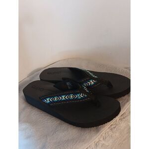 Qleyo Black Flip Flop Sandals with Blue Embroidered Detail